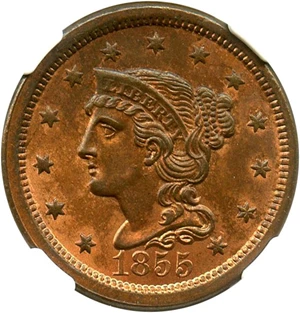 image for: 1855 1c NGC MS65 RB (Upright 55) - No Reserve!