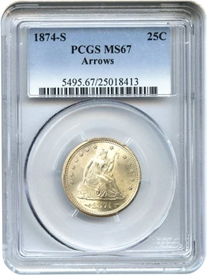 image for: 1874-S Arrows 25c PCGS MS67 - Sublime Gem Type Coin - No Reserve!