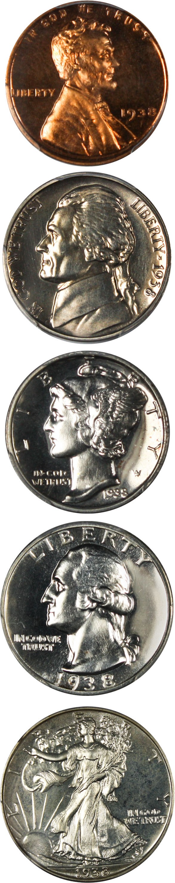 image for: 1938 Proof Set 1c-50c PCGS/CAC Proof 62/65/66 (5 Coins)