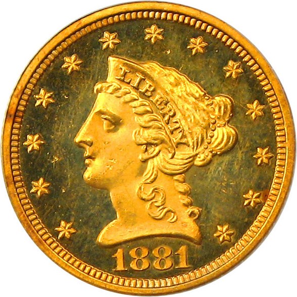 image for: 1881 $2 1/2 PCGS Proof 64 DCAM - Rare Issue with a Very Low Mintage