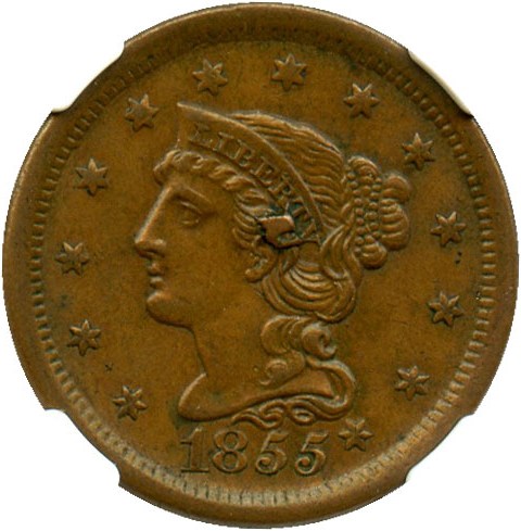 image for: 1855 1c NGC MS62 BN (Knob Slanted 55, N-9)