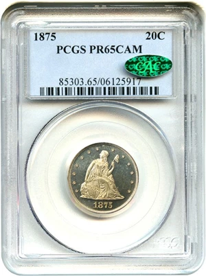 image for: 1875 20c PCGS/CAC Proof 65 CAM - Wonderful Gem Proof Twenty Cent