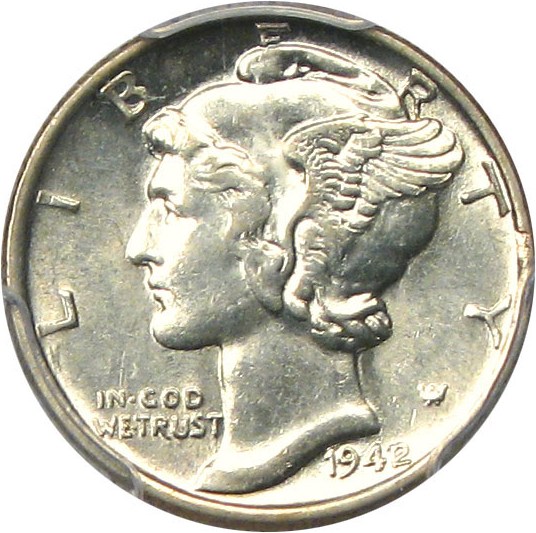 image for: 1942/1 10c PCGS AU58 FB - Key Date, Full Bands!