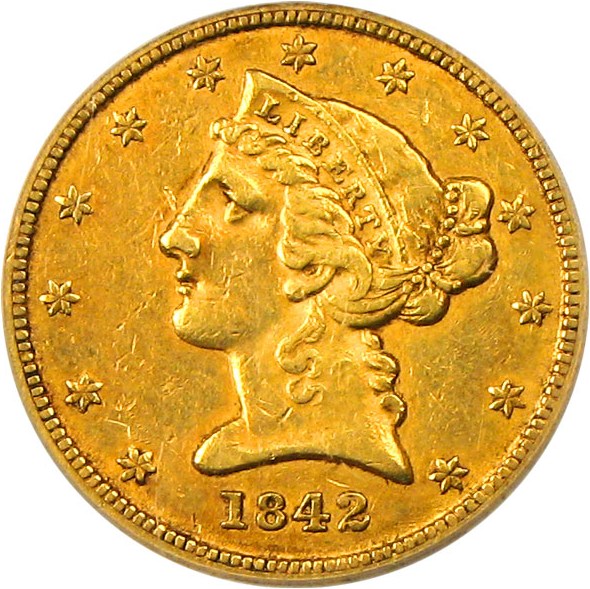 image for: 1842-D $5 PCGS/CAC XF45 (Small Date) Scarce Dahlonega Gold