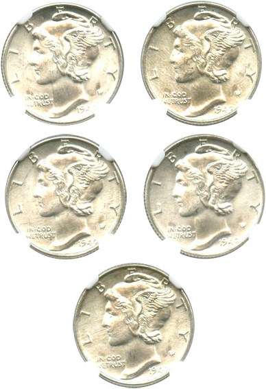 image for: Investor Lot: 1940 10c NGC MS65 (5 Coins) - No Reserve!