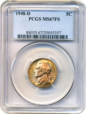 image for: 1948-D 5c PCGS MS67 FS - Tied for Finest, Beautiful Toning