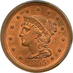 image for: 1855 1c PCGS MS64 RD (Upright 55)