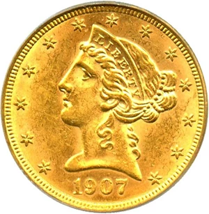 image for: 1907-D $5 PCGS/CAC AU58