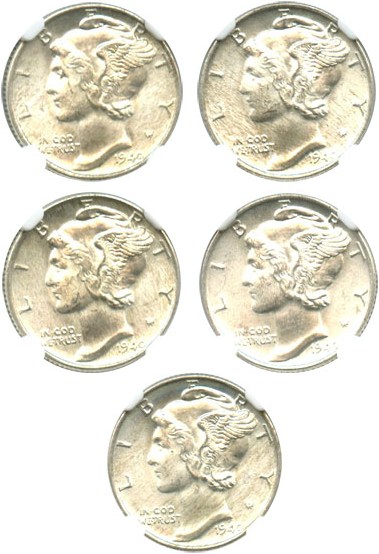image for: Investor Lot: 1940 10c NGC MS65 (5 Coins) - No Reserve!