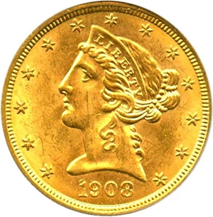 image for: 1908 Liberty $5 PCGS/CAC MS61