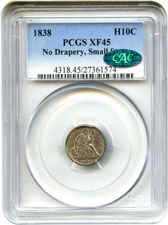 image for: 1838 H10c PCGS/CAC XF45 (No Drapery, Small Stars)