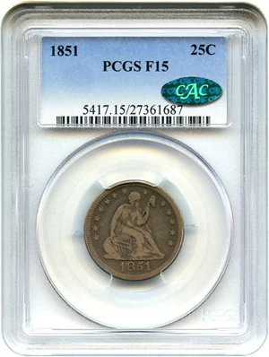 image for: 1851 25c PCGS/CAC F15 - Scarce Date