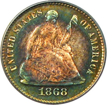 image for: 1868 H10c PCGS PR64 - Colorful Bullet Toning