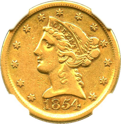 image for: 1854-D $5 NGC/CAC XF40 - Desirable Dahlonega Mint Gold