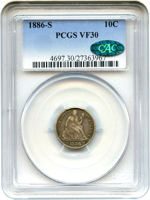 image for: 1886-S 10c PCGS/CAC VF30