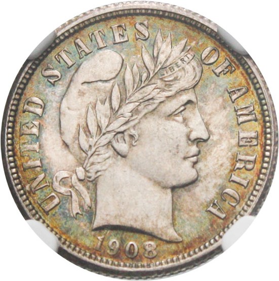 image for: 1908-O 10c NGC/CAC MS63 - Colorful Toning