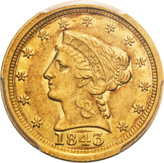 image for: 1843-O $2 1/2 PCGS/CAC AU55 (Large Date) Scarce New Orleans Gold