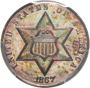 image for: 1867 3cS PCGS/CAC Proof 66 - Colorful Toning