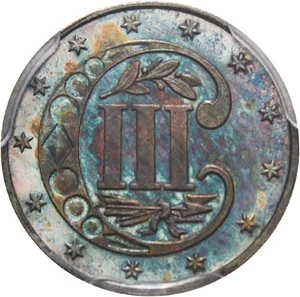 image for: 1867 3cS PCGS/CAC Proof 66 - Colorful Toning