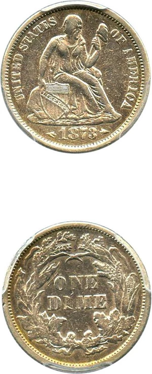 image for: 1873 10c PCGS Genuine XF Details, Cleaning (No Arrows, Closed 3)