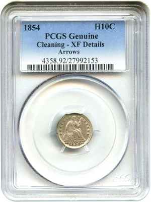 image for: 1854 H10c PCGS Genuine XF Details, Cleaning (Arrows)