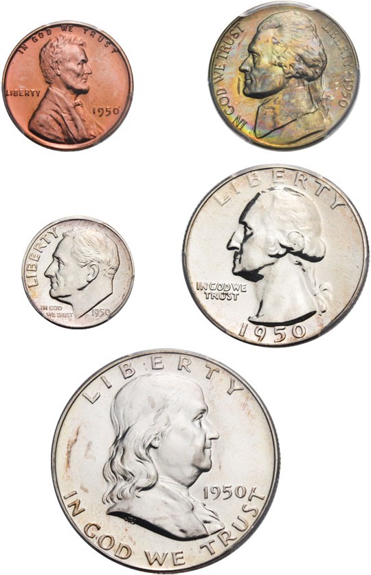 image for: 1950 Proof Set 1c-50c PCGS Proofs 64-66 (5 Coins)