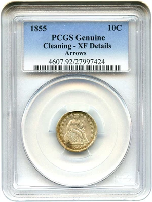 image for: 1855 10c PCGS Genuine XF Details, Cleaning (Arrows)