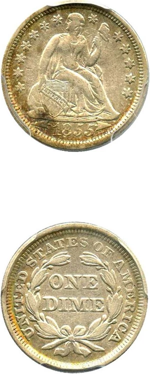 image for: 1855 10c PCGS Genuine XF Details, Cleaning (Arrows)