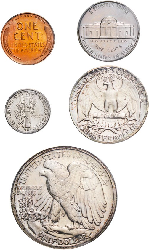 image for: 1938 Proof Set 1c-50c PCGS/CAC Proofs 64-66 (5 Coins)