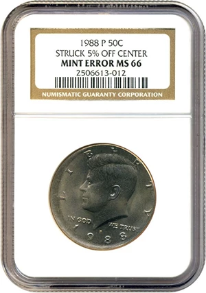 image for: Mint Error: 1988-P 50c NGC MS66 (Struck 5% Off Center)