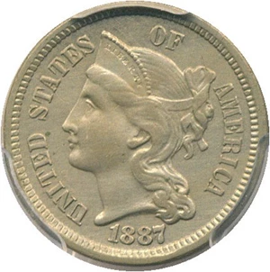 image for: 1887/6 3cN PCGS Proof Genuine AU Details, Cleaning (Strong Overdate)