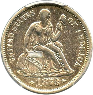 image for: 1873 10c PCGS Genuine XF Details, Cleaning (No Arrows, Closed 3)