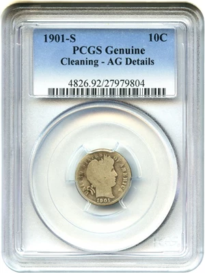 image for: 1901-S 10c PCGS Genuine AG Details, Cleaning