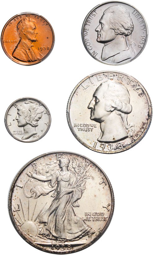 image for: 1938 Proof Set 1c-50c PCGS/CAC Proofs 64-66 (5 Coins)