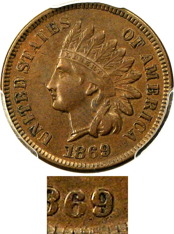 image for: 1869/69 1c PCGS AU50 (Repunched Date, Snow-4) Key Date