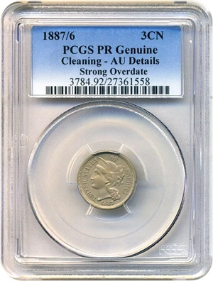image for: 1887/6 3cN PCGS Proof Genuine AU Details, Cleaning (Strong Overdate)