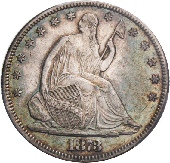 image for: 1873 50c PCGS/CAC AU50 (No Arrows, Closed 3) Colorful Toning