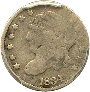 image for: 1834 H10c PCGS Genuine G Details, Damage - No Reserve!