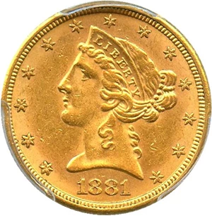 image for: 1881 $5 PCGS MS62+