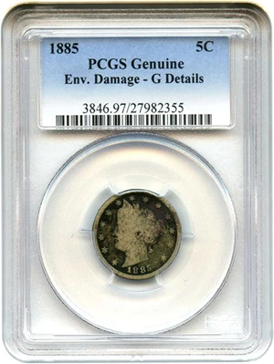 image for: 1885 5c PCGS Genuine G Details, Env. Damage - Key Date