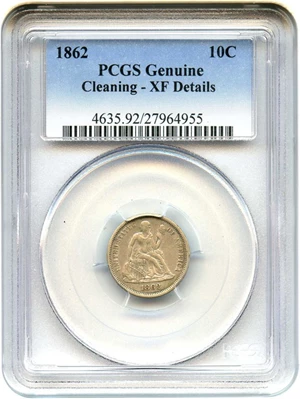 image for: 1862 10c PCGS Genuine XF Details, Cleaning