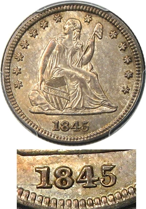 image for: 1845 25c PCGS MS64 (Repunched Date, FS-301)