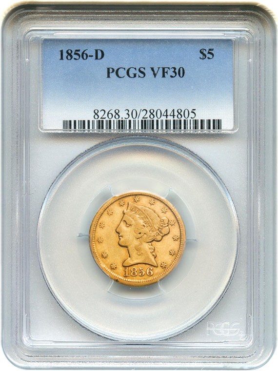 image for: 1856-D $5 PCGS VF30 - Desirable Dahlonega Issue