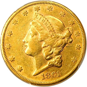 image for: 1861-S $20 PCGS AU53 - Scarce S-mint Civil War Era Gold