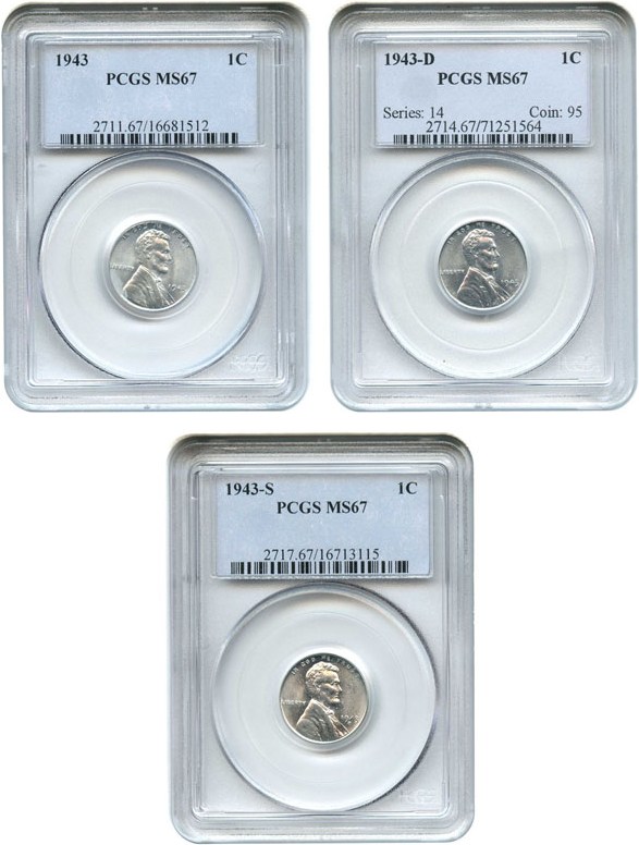 image for: 1943-PDS 1c PCGS MS67 (3 Coin Steel Penny Set)