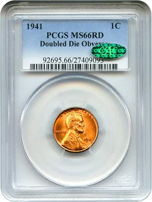 image for: 1941 1c PCGS/CAC MS66 RD (Doubled Die Obverse) Scarce Variety, Tied for Finest at PCGS