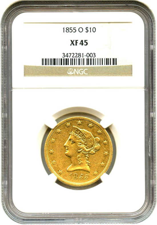 image for: 1855-O $10 NGC XF45 - Scarce New Orleans Gold Issue, Only 18,000 Struck