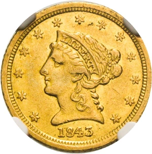 image for: 1843-D $2 1/2 NGC AU50 - Desirable Dahlonega Issue