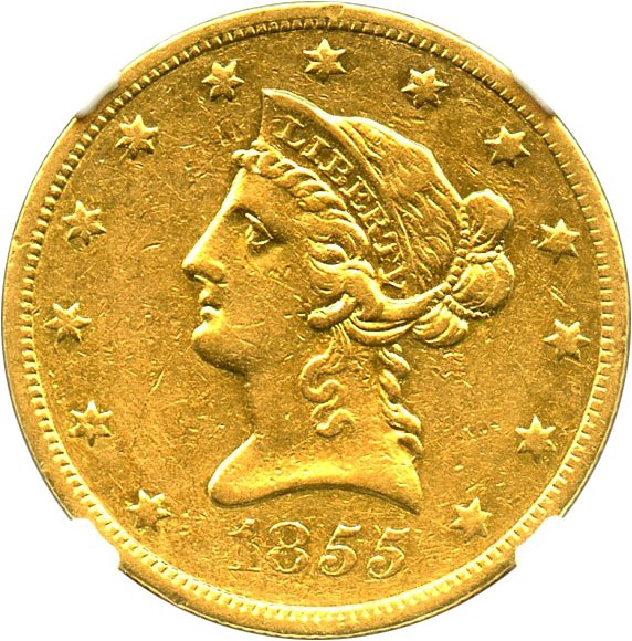 image for: 1855-O $10 NGC XF45 - Scarce New Orleans Gold Issue, Only 18,000 Struck