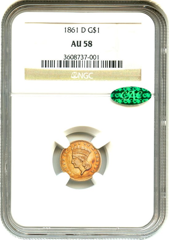 image for: 1861-D G$1 NGC/CAC AU58 * Rare Civil War Gold Issue Struck by the Confederacy *